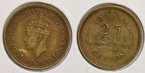 Ceylon 1943 25 Cents animal P150057 combine shipping0