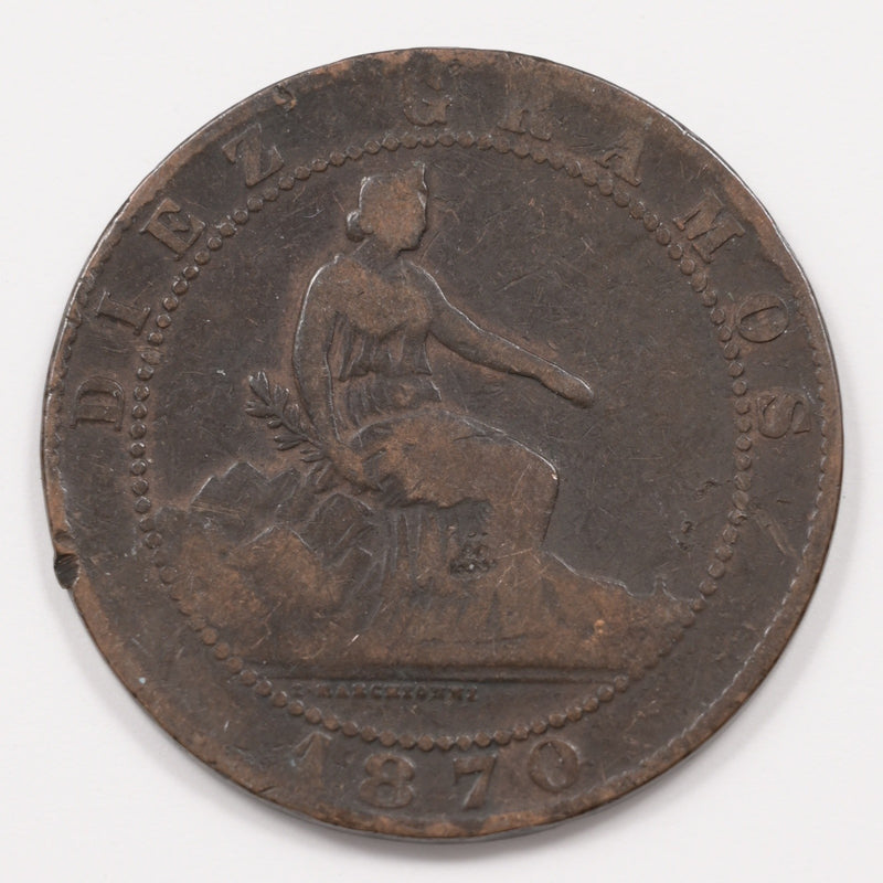 Spain 1870-OM Spanish Provisional Government 10 Centimos P9048010