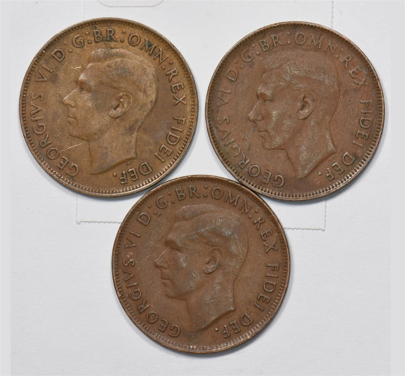 Australia 1950, 1951, 1952 George VI, Elizabeth II Penny Lot of 3, Kangaroo P900