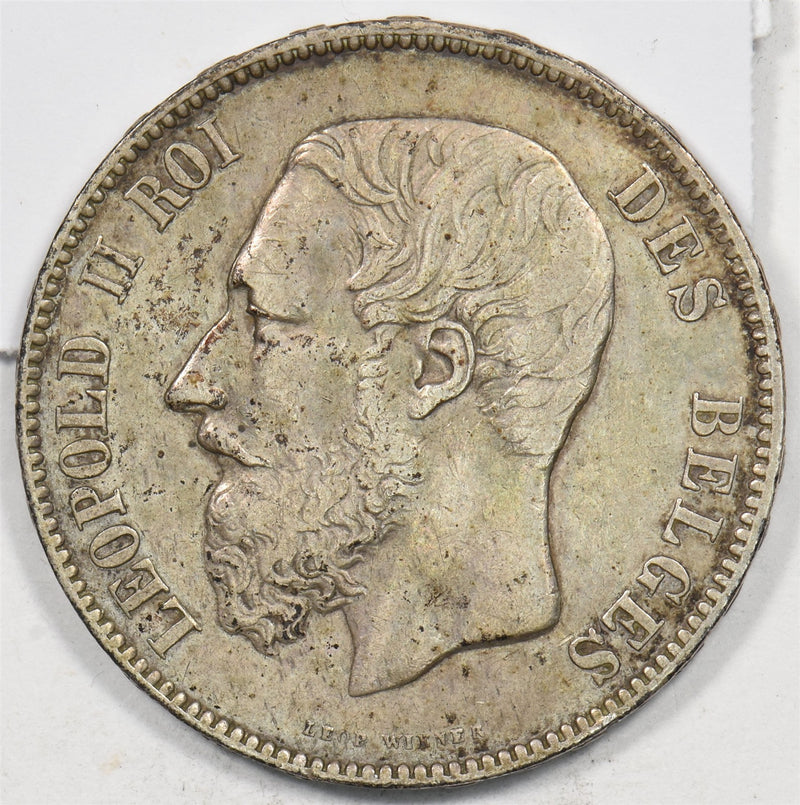 Belgium 1876 5 Francs Silver XF+ Belgian coat of arms Leopold II P490364 combine0
