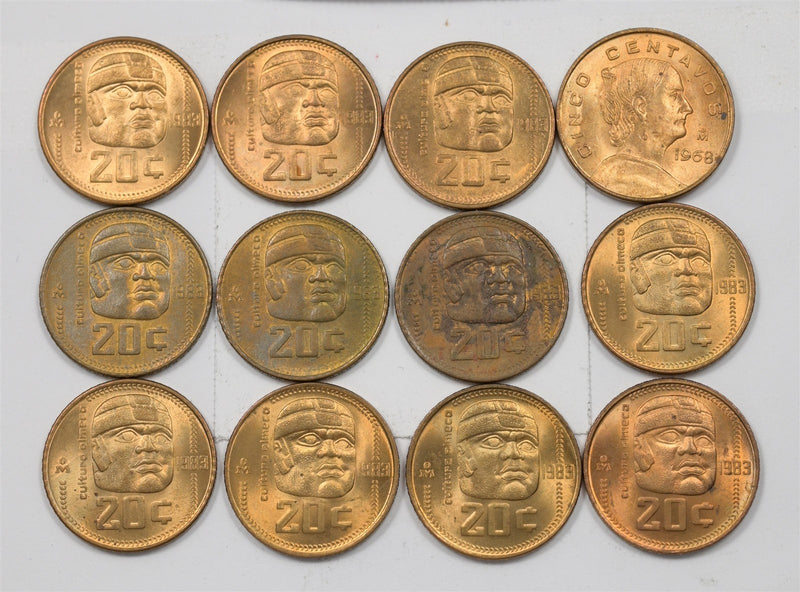 Mexico 1983-Mo Josefa Ortiz 5 Centavos, Olmec Head 20 Centavos Lot of 12, P904490