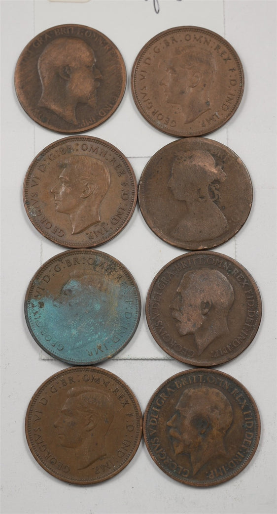 Great Britain 1891-1944 Edwards VII,George V, VI, Penny, Half Penny Lot of 8, P10