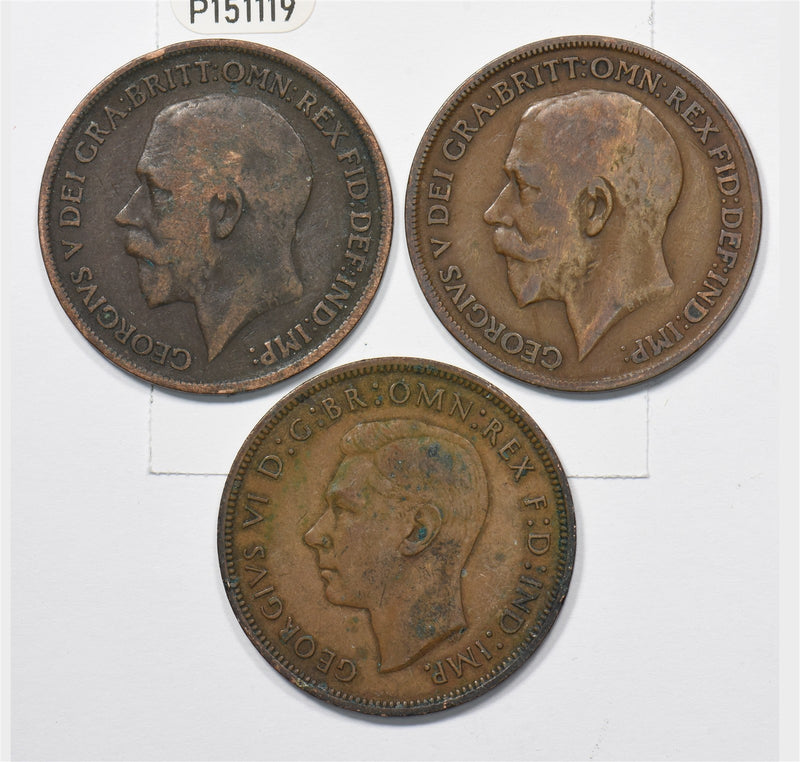 Great Britain 1916, 1921, 1940 George V, VI Large Penny Lot of 3, P1511190