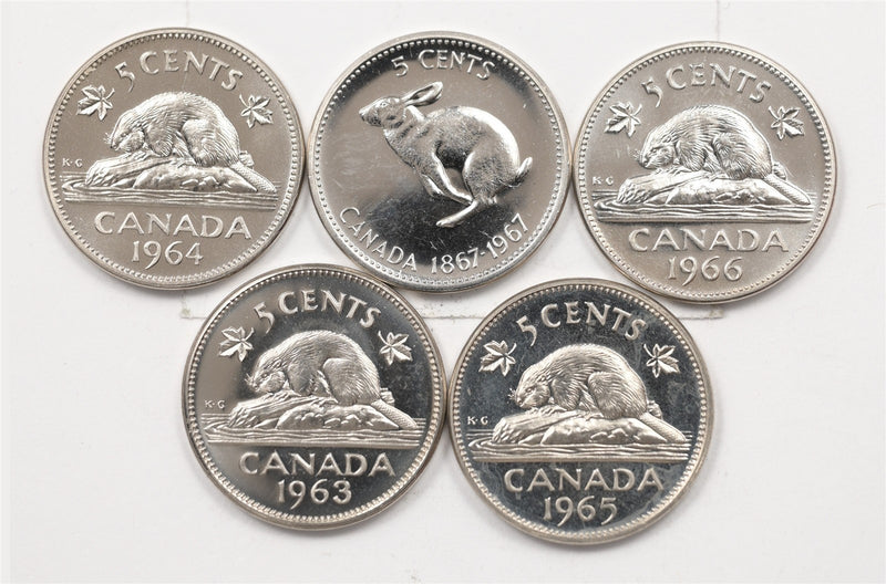 Canada 1963-1967 Elizabeth II 5 Cents Proof-like Lot of 5, P9038990