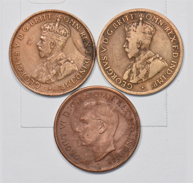 Australia 1919, 1929, 1943 George V,VI Half Penny Lot of 3, Kangaroo P9029190