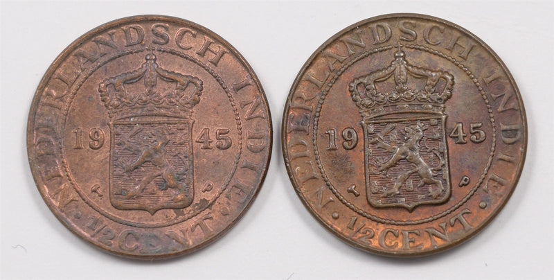 Netherlands East Indies 1945 Wilhelmina ½ Cent lot of 2, P1514840