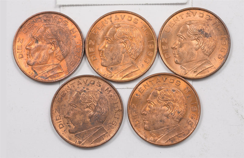 Mexico 1955-MO Benito Juarez 10 Centavos Lot of 5, P191696 BU0