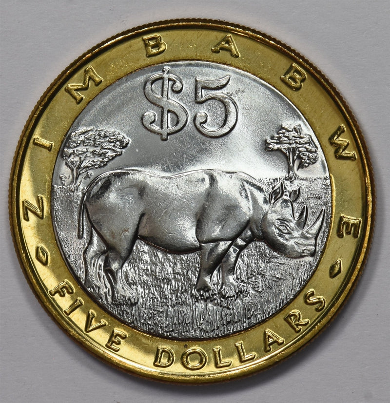 Zimbabwe 2002 Republic 5 Dollars Black Rhinoceros P9031480