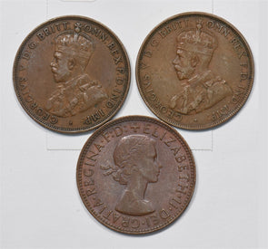Australia 1921, 1924, 1962 George V, Elizabeth II Penny Lot of 3, Kangaroo P90290