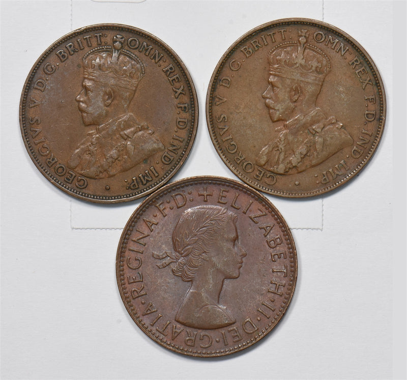 Australia 1921, 1924, 1962 George V, Elizabeth II Penny Lot of 3, Kangaroo P90290