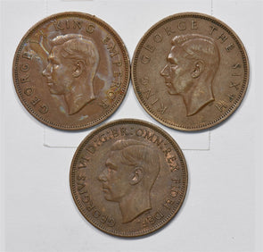 New Zealand/Australia 1940, 1951, 1951 Geroge V,VI Penny Mixed Set of 3, Kangaro0