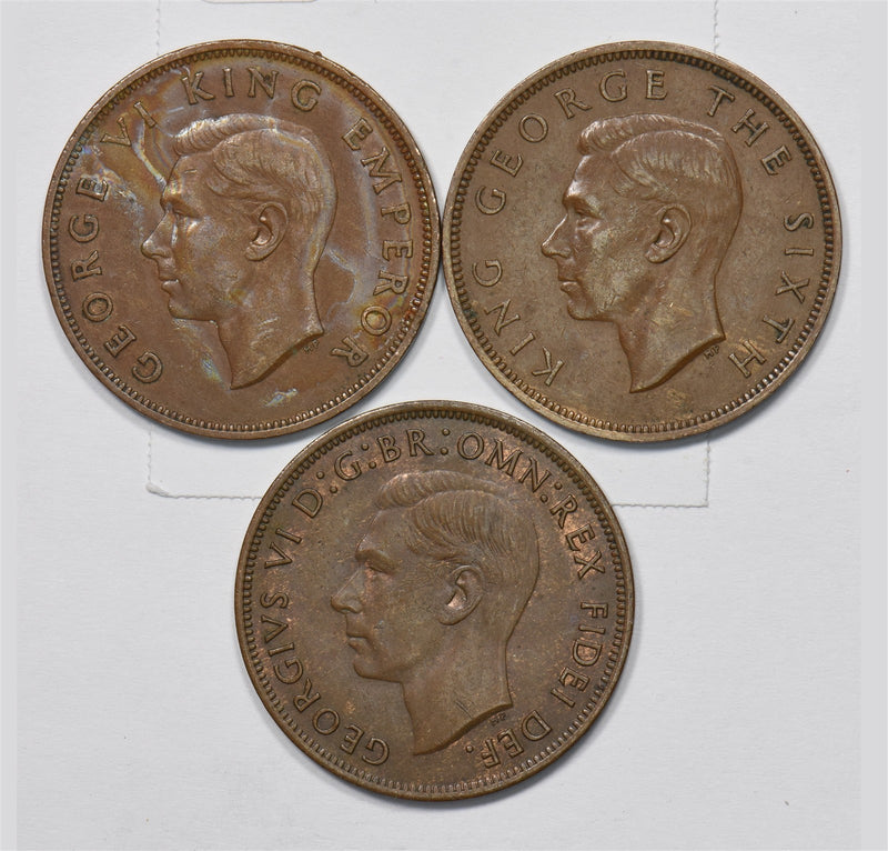 New Zealand/Australia 1940, 1951, 1951 Geroge V,VI Penny Mixed Set of 3, Kangaro0