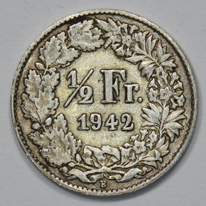 Switzerland 1942-B Helvetia Stnding 1/2 Franc Silver P9029331