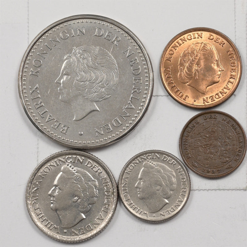Netherlands 1937-1981 ½ ,1,10,25 cent, Gulden Lot of 5 P151472 UNC0