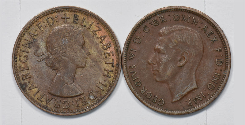 Australia 1943, 1960 George VI, Elizabeth II Half Penny Lot of 2, Kangaroo P9020