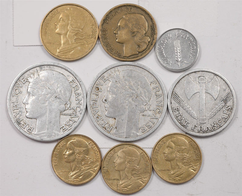 France 1941-67 Centime,2 C,5 C,10 C,Franc,2 Fr,10 Francs Lot of 9, P1517160