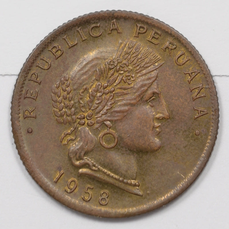 Peru 1958 Liberty Head Goddess 20 Centavos P151393 UNC0
