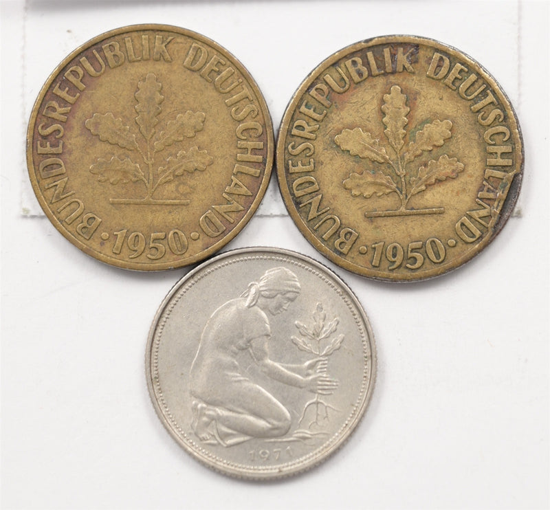 West Germany 1950-G, 1950-J, 1971-G Federal Republic 10, 50 Pfennig Lot of 3,0