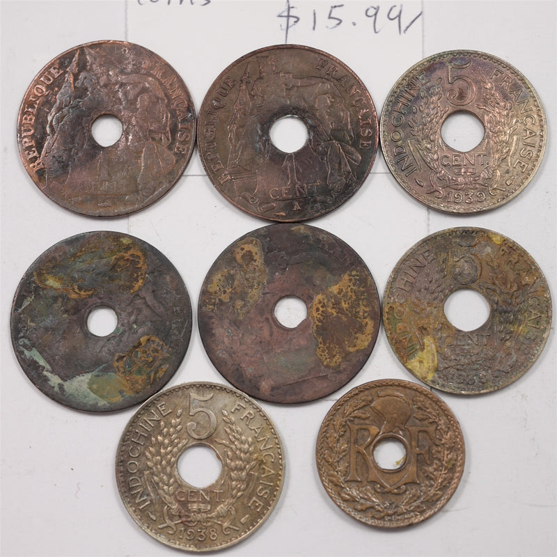 French Indochina 1926-1939 Third Republic Cent, 5 Centimes Lot of 8, P1517150