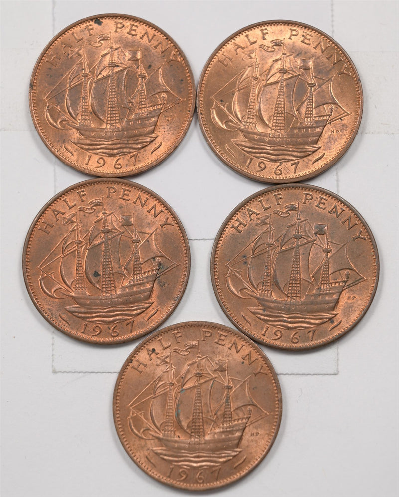 United Kingdom 1967 Elizabeth II Half Penny Lot of 5, P1514390