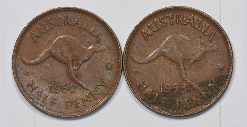 Australia 1953, 1960 Elizabeth II Half Penny Lot of 2, Kangaroo P9029180