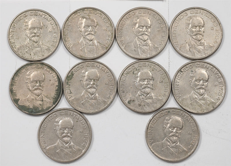 Mexico 1964 Francisco Madero 25 Centavos Lot of 10, P9046830