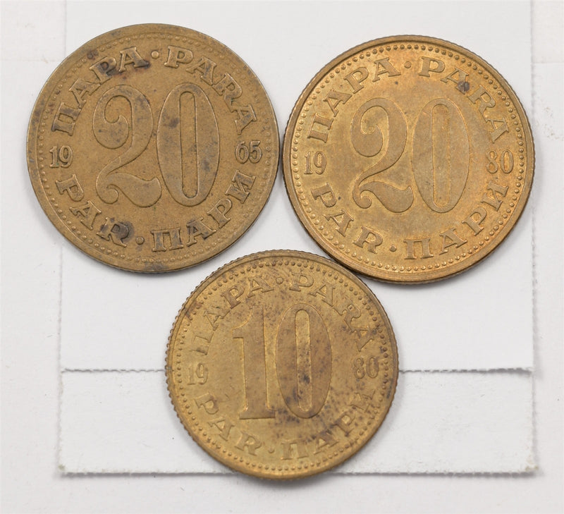 Yugoslavia 1965, 1980,1980 Federal Republic- 20P, 20P 10 Para Lot of 3 P9038980