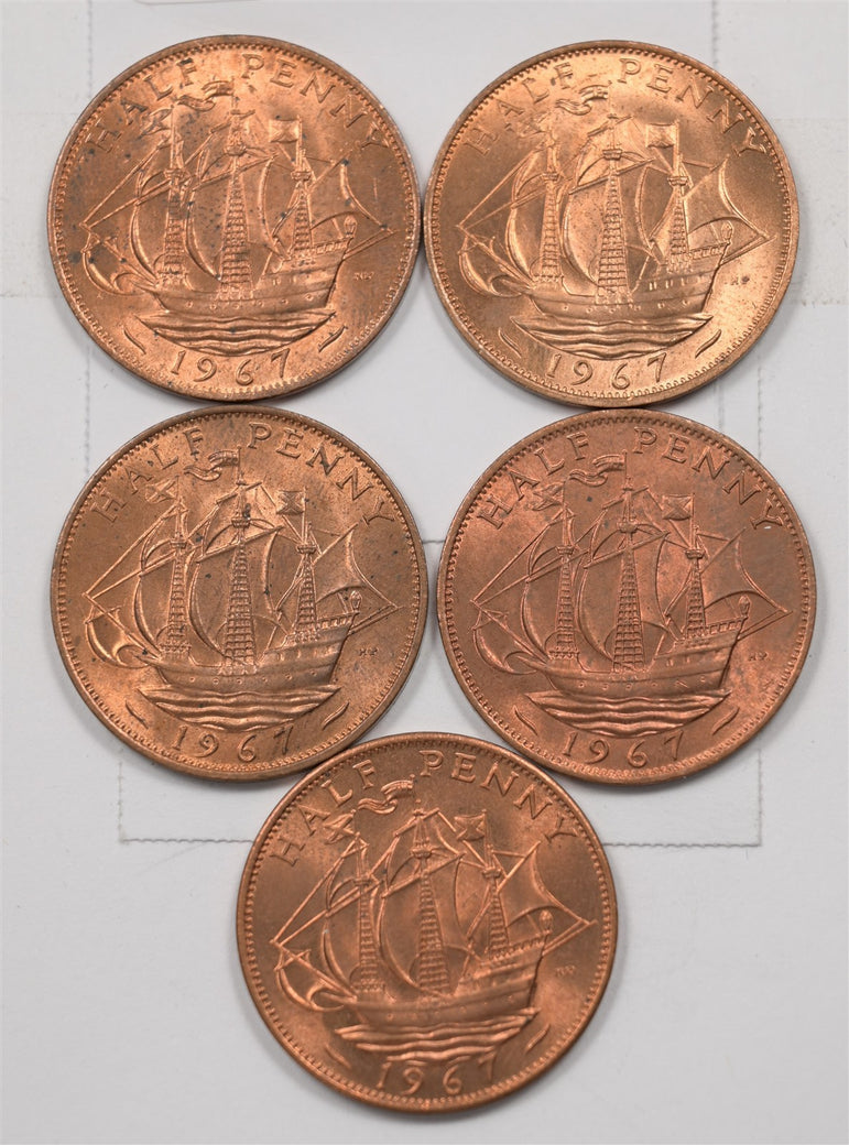United Kingdom 1967 Elizabeth II Half Penny Lot of 5, P1514380