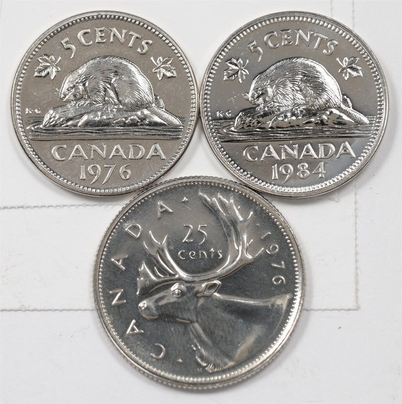 Canada 1976, 1984, 1976 Elizabeth II, 5 Cents, 25 Cents P/L, Lot of 3 P9046700