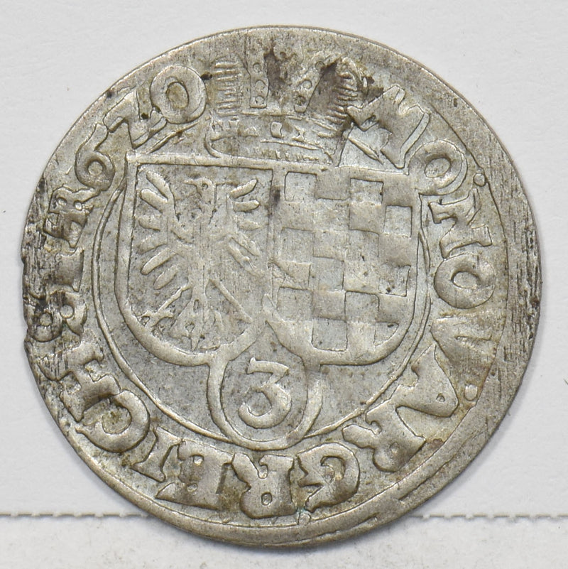 German States 1620 3 Kreuzer Silver VF+ Silesian eagle Karl P490389 combine ship0