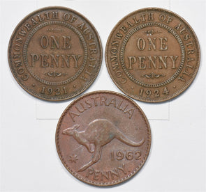 Australia 1921, 1924, 1962 George V, Elizabeth II Penny Lot of 3, Kangaroo P90291