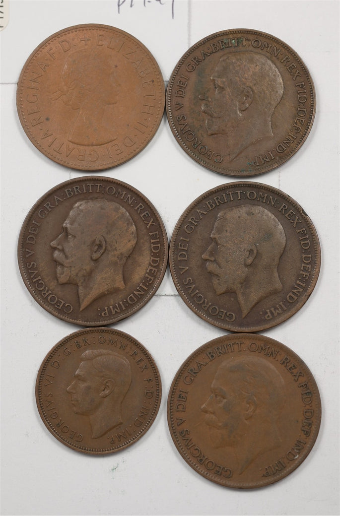 United Kingdom 1912-64 George V, VI, Elizabeth II, Penny, 1/2 Penny Lot of 6, P0